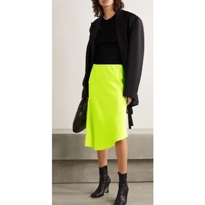 HELMUT LANG | LUXURY ASYMMETRIC WO GRUNGE/MODERN SATIN SKIRT NEON YELLOW | SIZE0